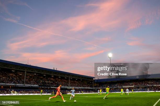 General view as the sun sets over the stadium during the Carabao Cup First Round match between Queens Park Rangers and Norwich City at Loftus Road on...