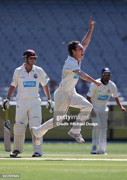 Will Sheridan of the Victorian Bushrangers celebrates his dismissal of Dominic Michael of the Queensland Bulls during day one of the Sheffield Shield...