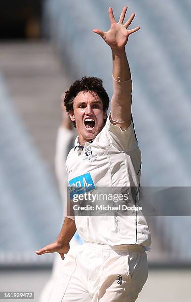 Bowler Will Sheridan of the Bushrangers appeals for an LBW during day one of the Sheffield Shield match between the Victorian Bushrangers and the...
