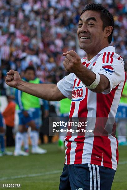Marco Fabian of Chivas celebrates after scoring during a match between Puebla and Chivas as part of the Clausura 2013 at Cuauhtemoc Stadium on...