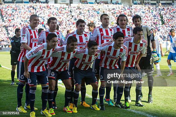 Players of Chivas pose for a team photo prior to a match between Puebla and Chivas as part of the Clausura 2013 at Cuauhtemoc Stadium on February 17,...