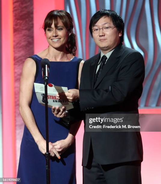 Presenters Nikki DeLoach and Masi Oka speak onstage at the 3rd Annual Streamy Awards at Hollywood Palladium on February 17, 2013 in Hollywood,...