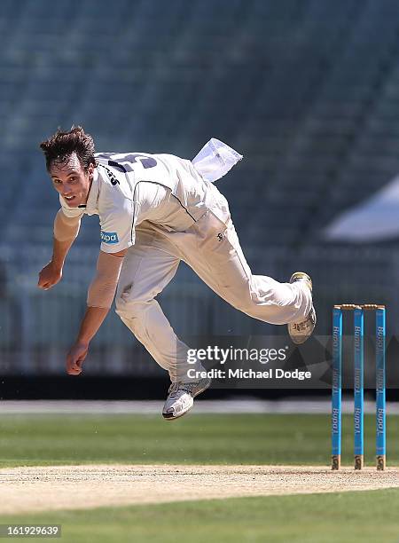 Will Sheridan of the Bushrangers bowls during day one of the Sheffield Shield match between the Victorian Bushrangers and the Queensland Bulls at...