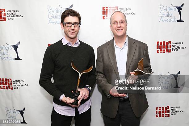 Writers Randall MacLowry and Joseph McMaster pose backstage at the 65th annual Writers Guild East Coast Awards at B.B. King Blues Club & Grill on...