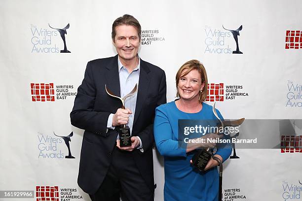 Writers Martin Smith and Marcela Gaviria pose backstage at the 65th annual Writers Guild East Coast Awards at B.B. King Blues Club & Grill on...