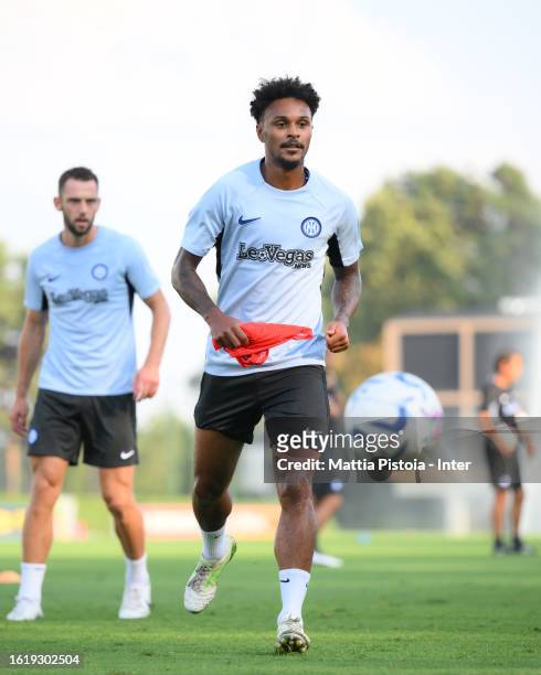 Valentino Lazaro of FC Internazionale in action during the FC Internazionale training session at Suning Training Center at Appiano Gentile on August...
