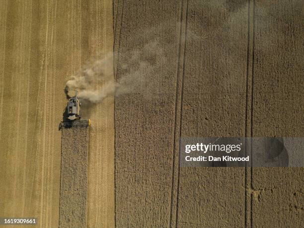 An aerial view of farmers harvesting a crop in fields on August 16, 2023 in New Romney, England. After recent wet weather the annual harvest had made...