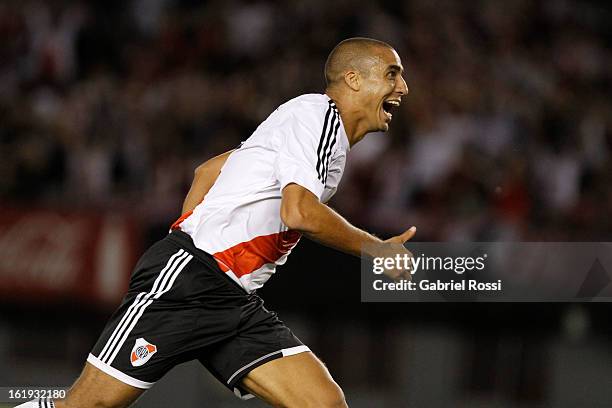 David Trezeguet of River Plate celebrates a goal during the match between River Plate and Estudiantes of Torneo Final 2013 on February 17, 2013 in...