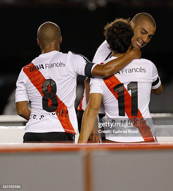 David Trezeguet of River Plate celebrates a goal during the match between River Plate and Estudiantes of Torneo Final 2013 on February 17, 2013 in...