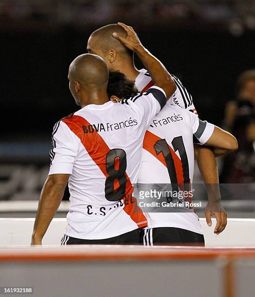 David Trezeguet of River Plate celebrates a goal during the match between River Plate and Estudiantes of Torneo Final 2013 on February 17, 2013 in...