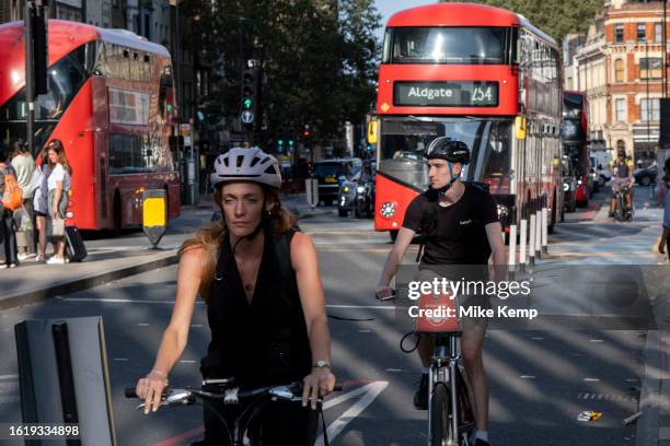 Cycle lane superhighway in Aldgate / Whitechapel on 16th August 2023 in London, United Kingdom. A cycle Superhighway is a long cycle path and part of...