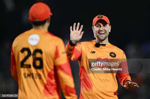 Will Smeed and Liam Livingstone of Birmingham Phoenix celebrate wicket of Tim Davis of Southern Brave during The Hundred match between Southern Brave...