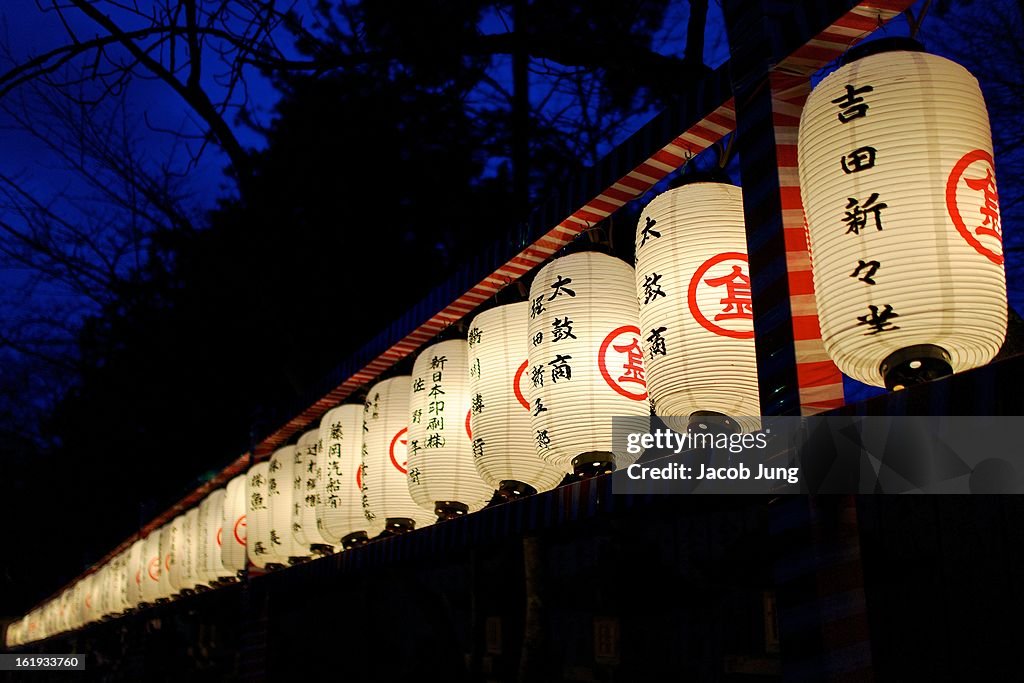 Night view of lit lanterns at Konpira Shrine