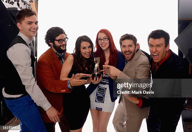 Cast of SourceFed pose for a portrait in the TV Guide Portrait Studio at the 3rd Annual Streamy Awards at Hollywood Palladium on February 17, 2013 in...