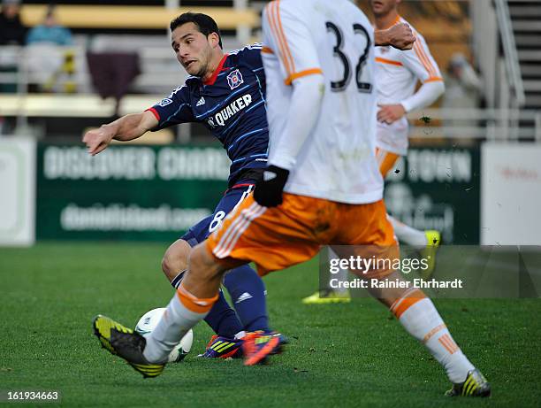 Dilly Duka of the Chicago Fire during the first half of their game against the Houston Dynamo at Blackbaud Stadium on February 16, 2013 in...