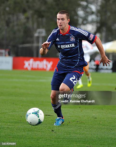 Austin Berry of the Chicago Fire during the first half of their game against the Houston Dynamo at Blackbaud Stadium on February 16, 2013 in...