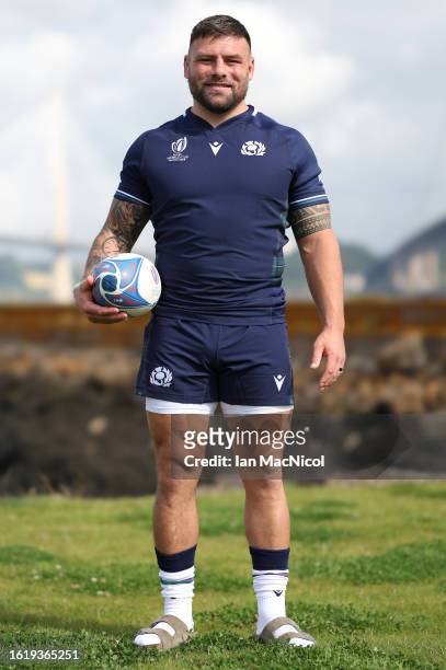 Rory Sutherland poses for photographs during the squad announcement prior to the Rugby World Cup on August 16, 2023 in South Queensferry, Scotland.