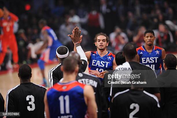 Joakim Noah and LeBron James of the Eastern Conference All-Stars celebrate during the 2013 NBA All-Star Game presented by Kia on February 17, 2013 at...