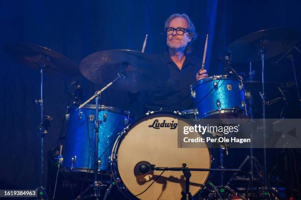 Tor Hauge performs on stage with Henning Kvitnes at the Rockefeller Music Hall on August 16, 2023 in Oslo, Norway.