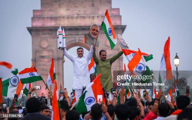 Parvesh Sahib Singh Verma along with Delhi BJP president Virendra Sachdeva with Celebrating and dancing during the Chandrayan3 Vikaram Lander...