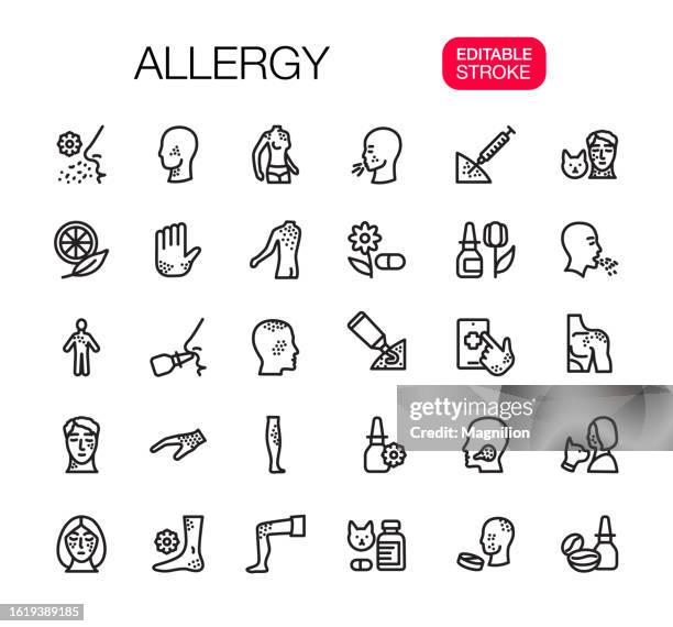 stockillustraties, clipart, cartoons en iconen met allergy line icons set, editable stroke - blowing nose