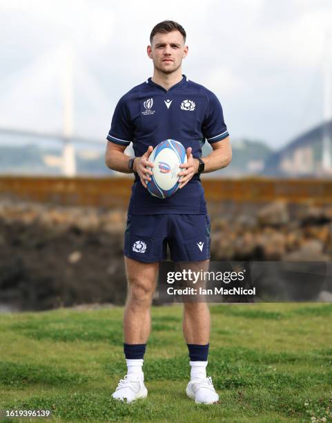 Ben White poses for photographs during the squad announcement prior to the Rugby World Cup on August 16, 2023 in South Queensferry, Scotland.