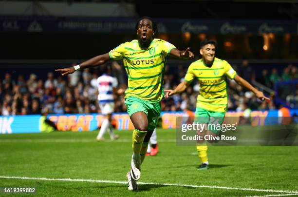 Jonathan Rowe of Norwich City celebrates after scoring the team's first and winning goal during the Carabao Cup First Round match between Queens Park...