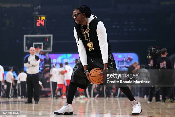 Rapper 2 Chainz plays basketball at half time during the 2013 NBA All-Star game at the Toyota Center on February 17, 2013 in Houston, Texas. NOTE TO...