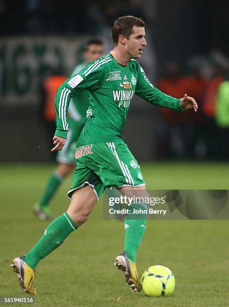 Francois Clerc of ASSE in action during the french Ligue 1 match between Stade de Reims and AS Saint-Etienne at the Stade Auguste Delaune on February...