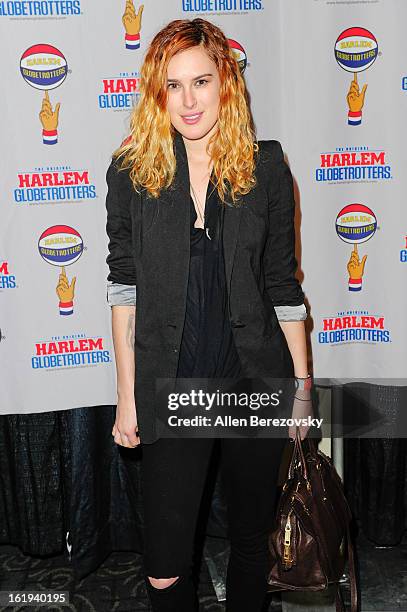 Actress Rumer Willis attends the Harlem Globetrotters "You Write The Rules" 2013 tour game at Staples Center on February 17, 2013 in Los Angeles,...