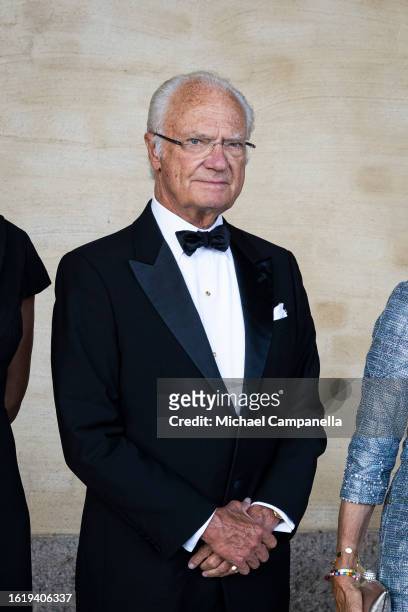 King Carl XVI Gustaf of Sweden arrives at a ceremony for the Stockholm Water Prize 2023 at Stockholm City Hall on August 23, 2023 in Stockholm,...