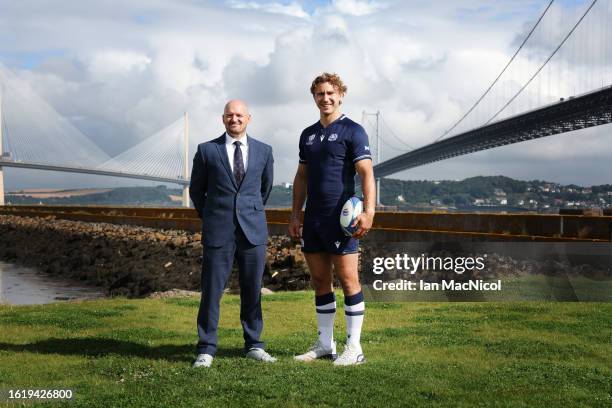 The Scotland Rugby Head Coach Gregor Townsend and captain Jamie Ritchie poses for photographs during the squad announcement prior to the Rugby World...