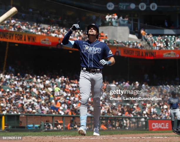 Josh Lowe of the Tampa Bay Rays celebrates after hitting a solo home run in the top of the fourth inning against the San Francisco Giants at Oracle...