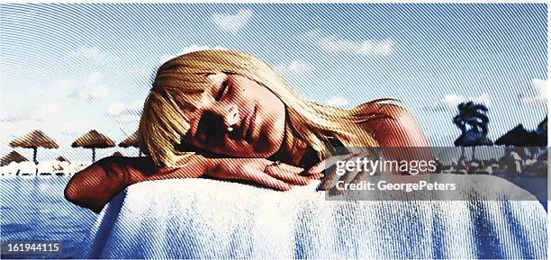 sunbathing and daydreaming - infinity pool stock illustrations