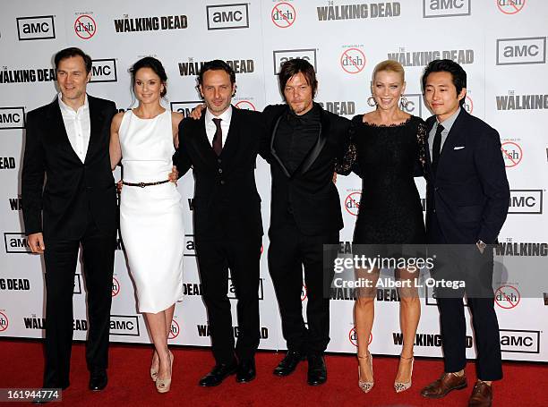 Actor David Morrissey, actress Sarah Wayne Callies, actor Andrew Lincoln, actor Norman Reedus, actress Laurie Holden and actor Steven Yuen arrive for...