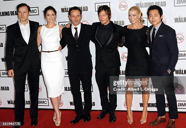 Actor David Morrissey, actress Sarah Wayne Callies, actor Andrew Lincoln, actor Norman Reedus, actress Laurie Holden and actor Steven Yuen arrive for...