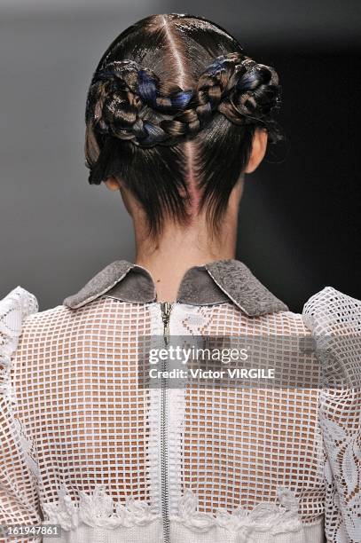 Model walks the runway during the Bora Aksu Ready to Wear Fall/Winter 2013-2014 show as part of the London Fashion Week Fall/Winter 2013/14 at...