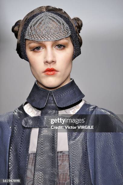 Model walks the runway during the Bora Aksu Ready to Wear Fall/Winter 2013-2014 show as part of the London Fashion Week Fall/Winter 2013/14 at...