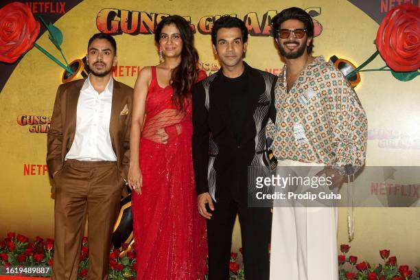 Adarsh Gourav, Shreya Dhanwanthary, Rajkummar Rao and Dulquer Salmaan attend the screening of Netflix's web series 'Guns & Gulaabs' on August 16,...