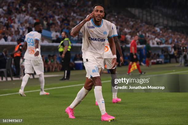 Pierre-Emerick Aubameyang of Olympique De Marseille celebrates after scoring his second goal to give the side a 2-0 lead the UEFA Champions League...