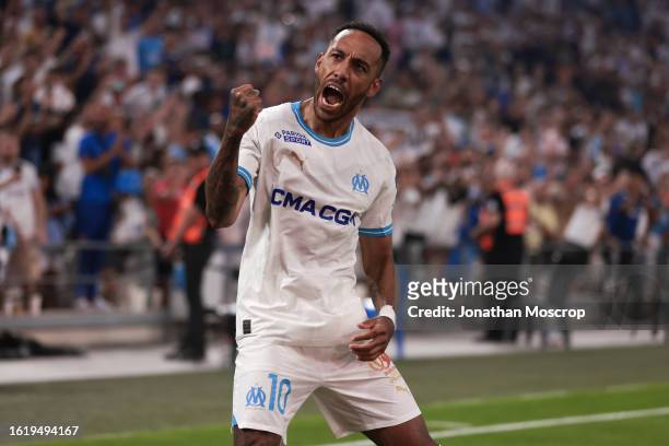 Pierre-Emerick Aubameyang of Olympique De Marseille celebrates after scoring to give the side a 1-0 lead during the UEFA Champions League Third...