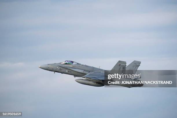 Finnish Air Force's F-18 takes off from Orland Air Base during the The Arctic Fighter Meet exercises occurring from August 21 to 25 in Brekstad,...