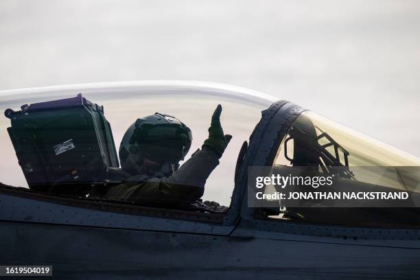 Finnish Air Force's F-18 prepares to take off from Orland Air Base during the The Arctic Fighter Meet exercises occurring from August 21 to 25 in...