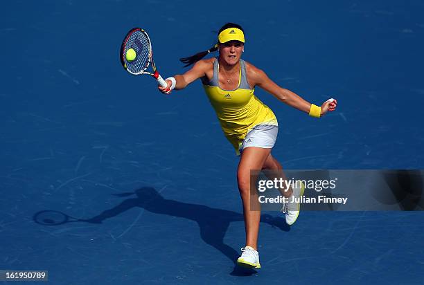 Sorana Cirstea of Romania stretches for a forehand in her match against Sloane Stephens of USA during day one of the WTA Dubai Duty Free Tennis...