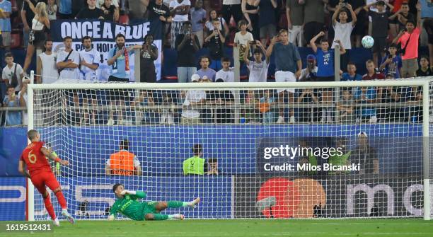 Nemanja Gudelj of Sevilla misses the team's fifth penalty in the penalty shoot out which leads to defeat in the UEFA Super Cup 2023 match between...