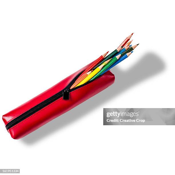 coloured pencils in a leather pencil case - pencil case stock pictures, royalty-free photos & images