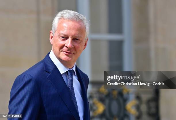 French Minister for the Economy and Finances Bruno Le Maire during the weekly cabinet meeting at the presidential Elysee Palace on August 23, 2023 in...