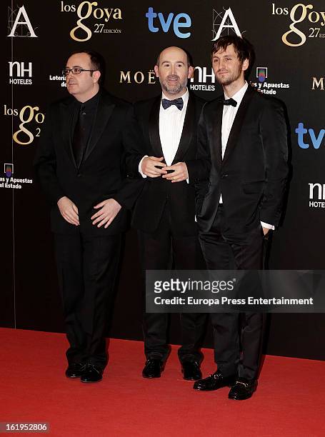 Javier Camara, Raul Arevalo and Carlos Aceres attend Goya Cinema Awards 2013 at Centro de Congresos Principe Felipe on February 17, 2013 in Madrid,...