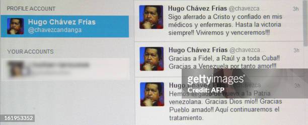 Picture of the Twitter message published by Venezuelan President Hugo Chavez early on February 18, 2013 announcing that he had returned home to...