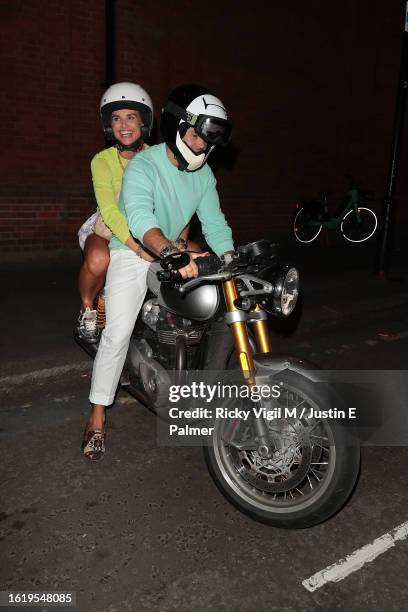 Vogue Williams and husband Spencer Matthews seen leaving 21Soho after their Spencer & Vogue - live podcast on August 16, 2023 in London, England.